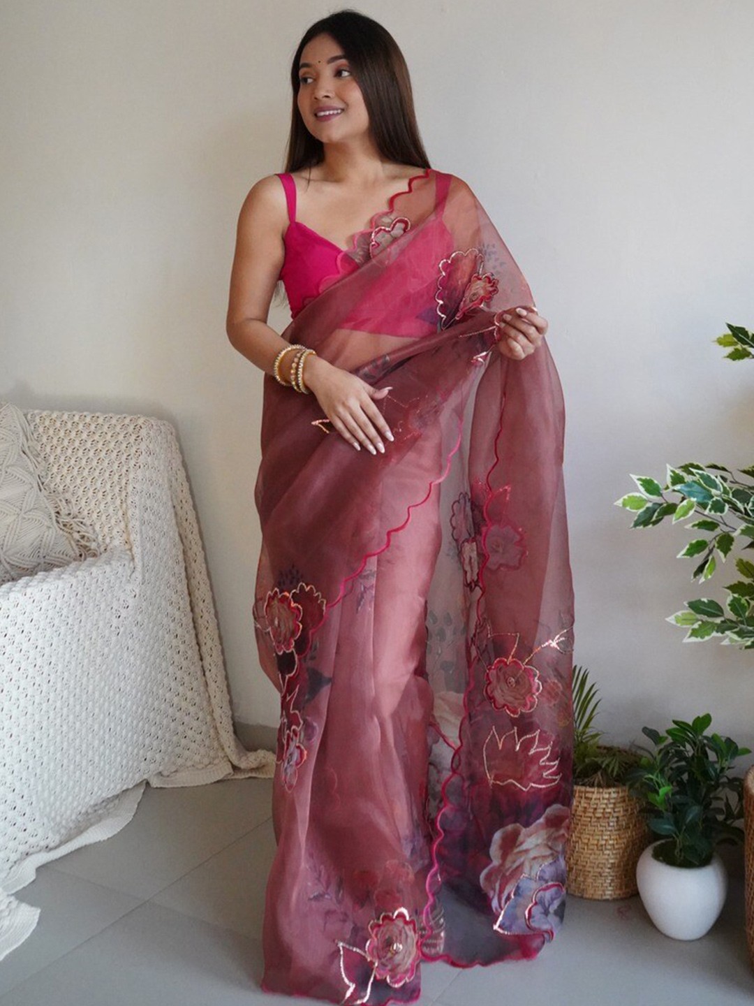 

Atulyam Tex World Floral Printed Aari Work Organza Saree, Brown