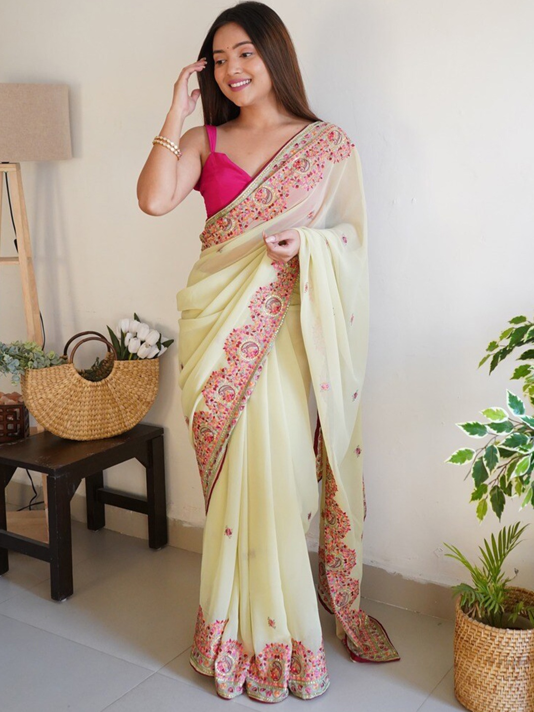 

Atulyam Tex World Floral Embroidered Pure Georgette Saree, Yellow