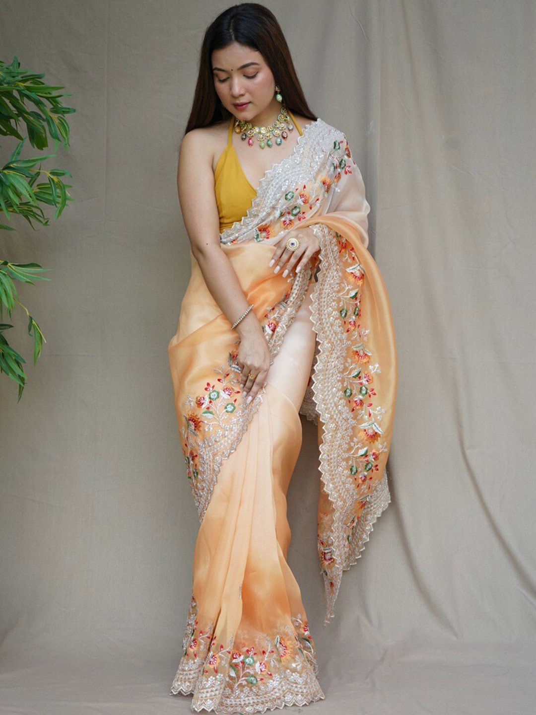 

Atulyam Tex World Ethnic Motifs Embroidered Organza Saree, Peach