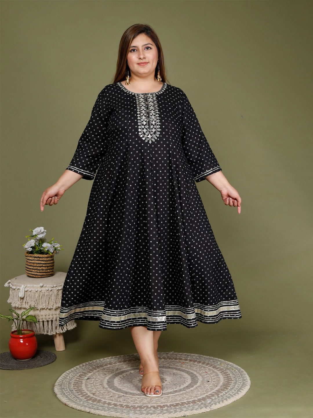 

Swasti Black Ethnic Motifs Printed Midi A-Line Ethnic Dress