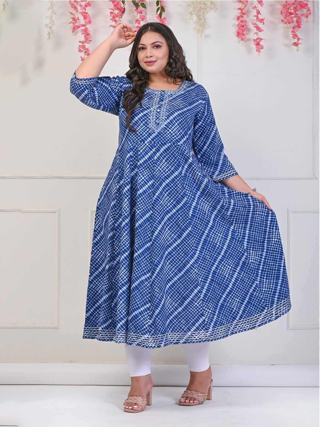

Swasti Checked Embroidered Fit & Flare Midi Dress, Blue
