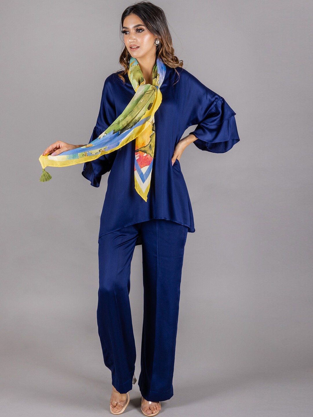 

INCHING INDIA Top With Palazzo & Scarf Co-Ords Set, Navy blue