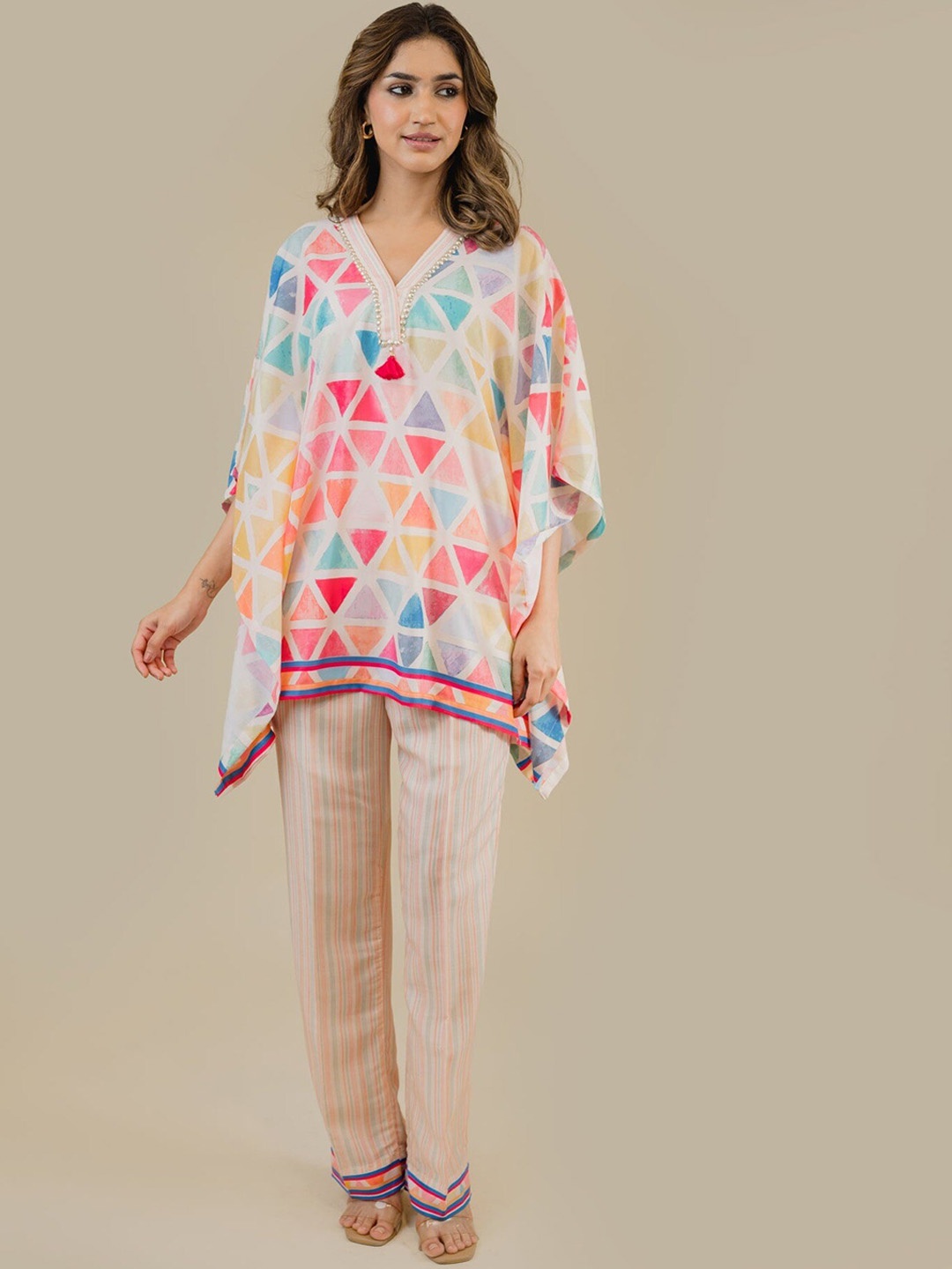 

INCHING INDIA Geometric Printed Kaftan With Trousers, White