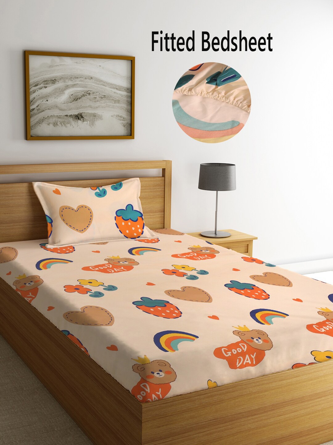 

FABINALIV Kids Peach-Coloured Printed 300 TC Fitted Single Bedsheet & Pillow Cover