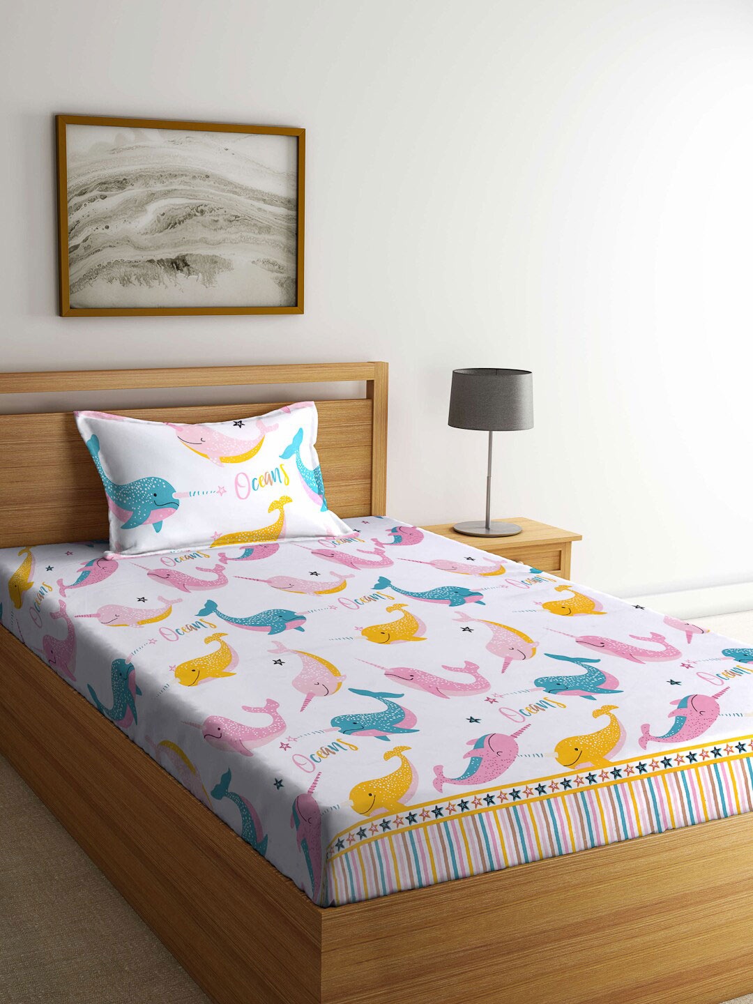 

FABINALIV Kids Blue & White Printed 300 TC Fitted Single Bedsheet & Pillow Cover
