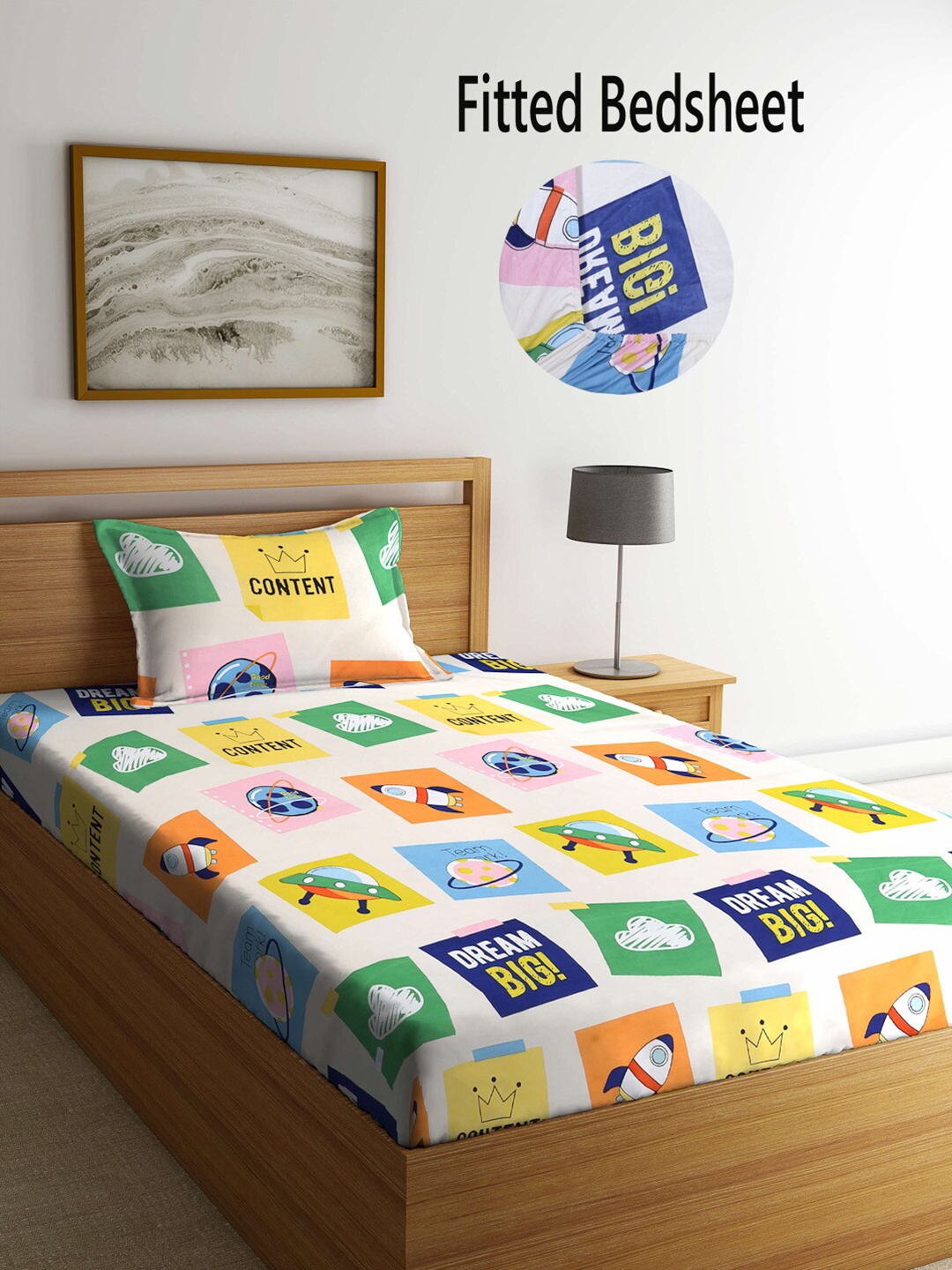 

FABINALIV White & Blue Cartoon Characters Fitted 300TC Single Bedsheet With 1 Pillow Cover
