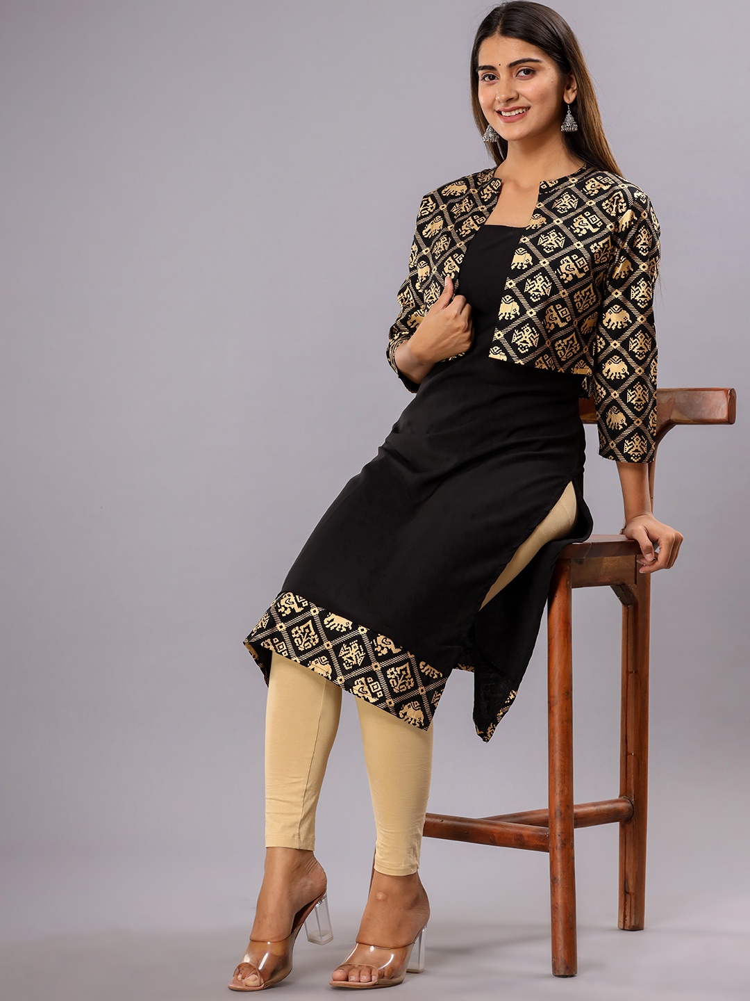 

Shedika Square Neck Sleeveless Straight Kurta with Jacket, Black