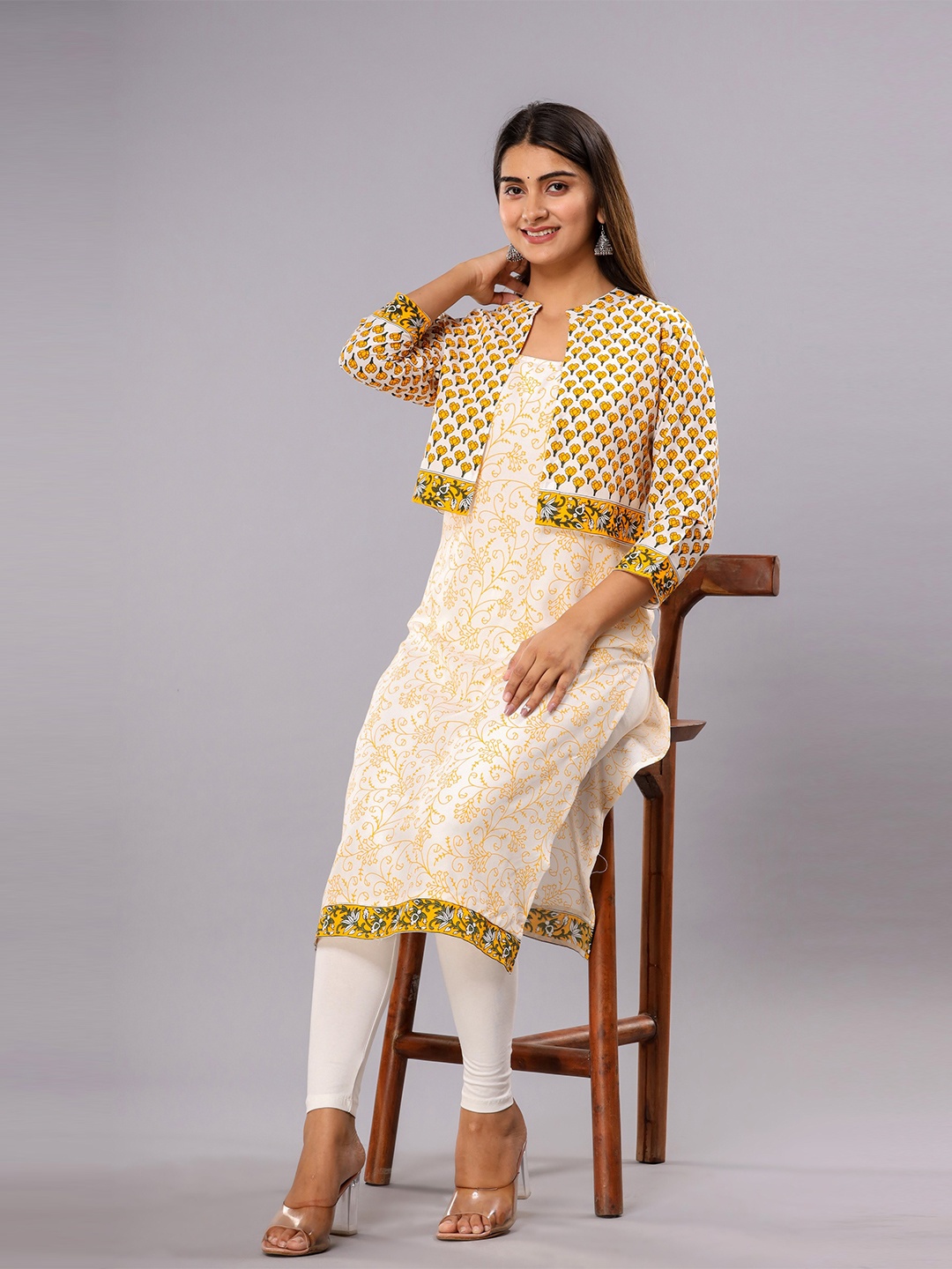 

Shedika Floral Printed Square Neck Sleeveless Straight Kurta with Jacket, White