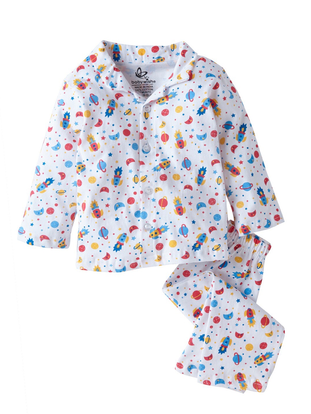 

Babywish Kids Printed Pure Cotton Night suit, White
