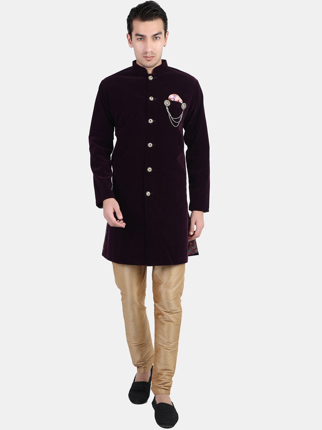 

Avaeta Mandarin Collar Cotton Sherwani Set, Purple