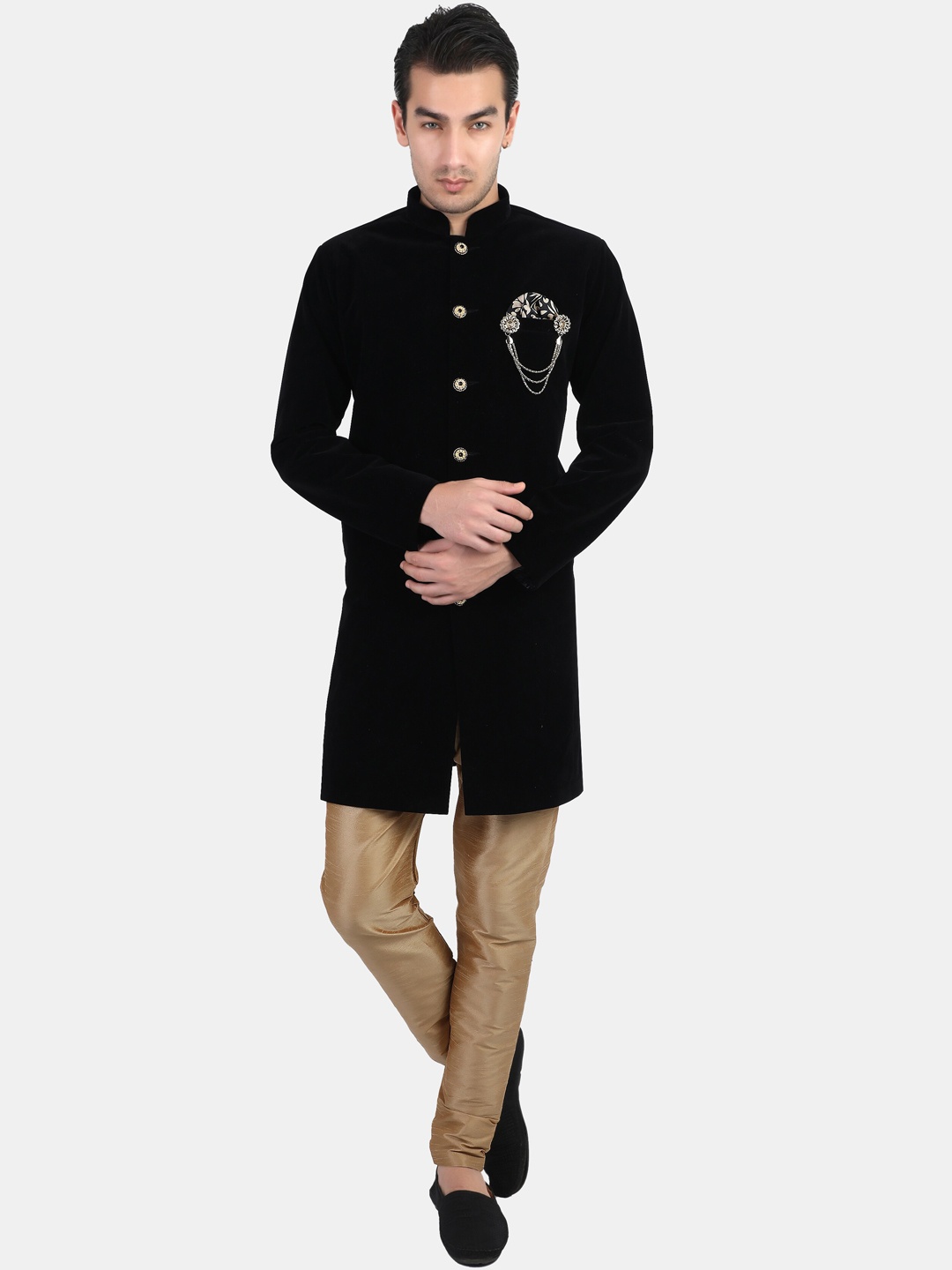 

Avaeta Mandarin Collar Cotton Sherwani Set, Black