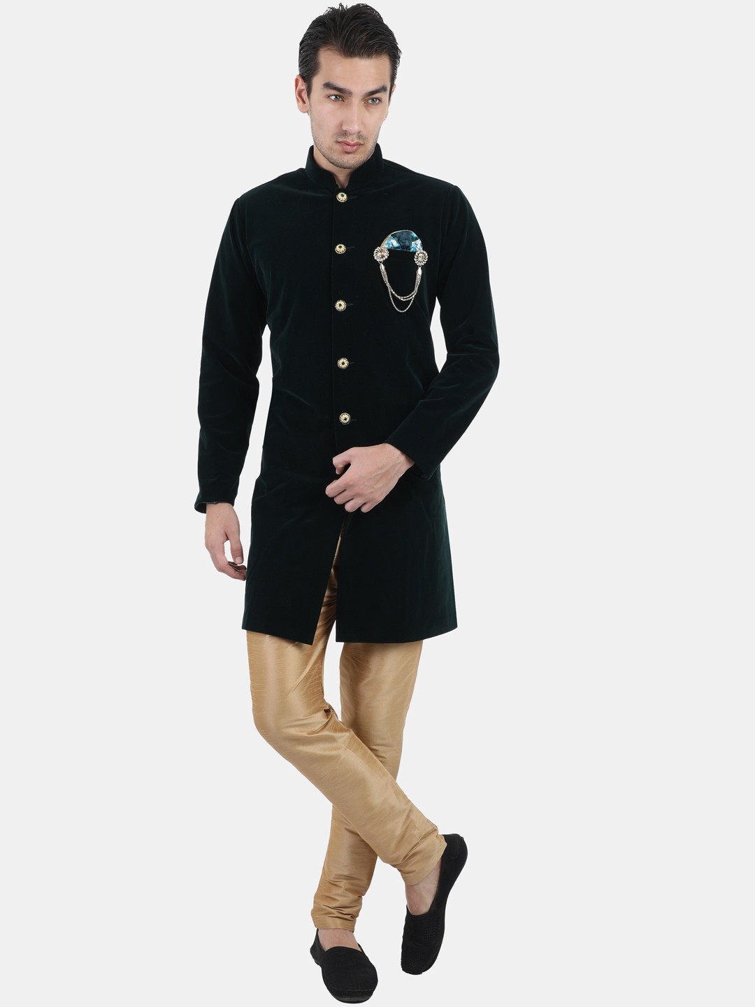 

Avaeta Mandarin Collar Cotton Sherwani Set, Green
