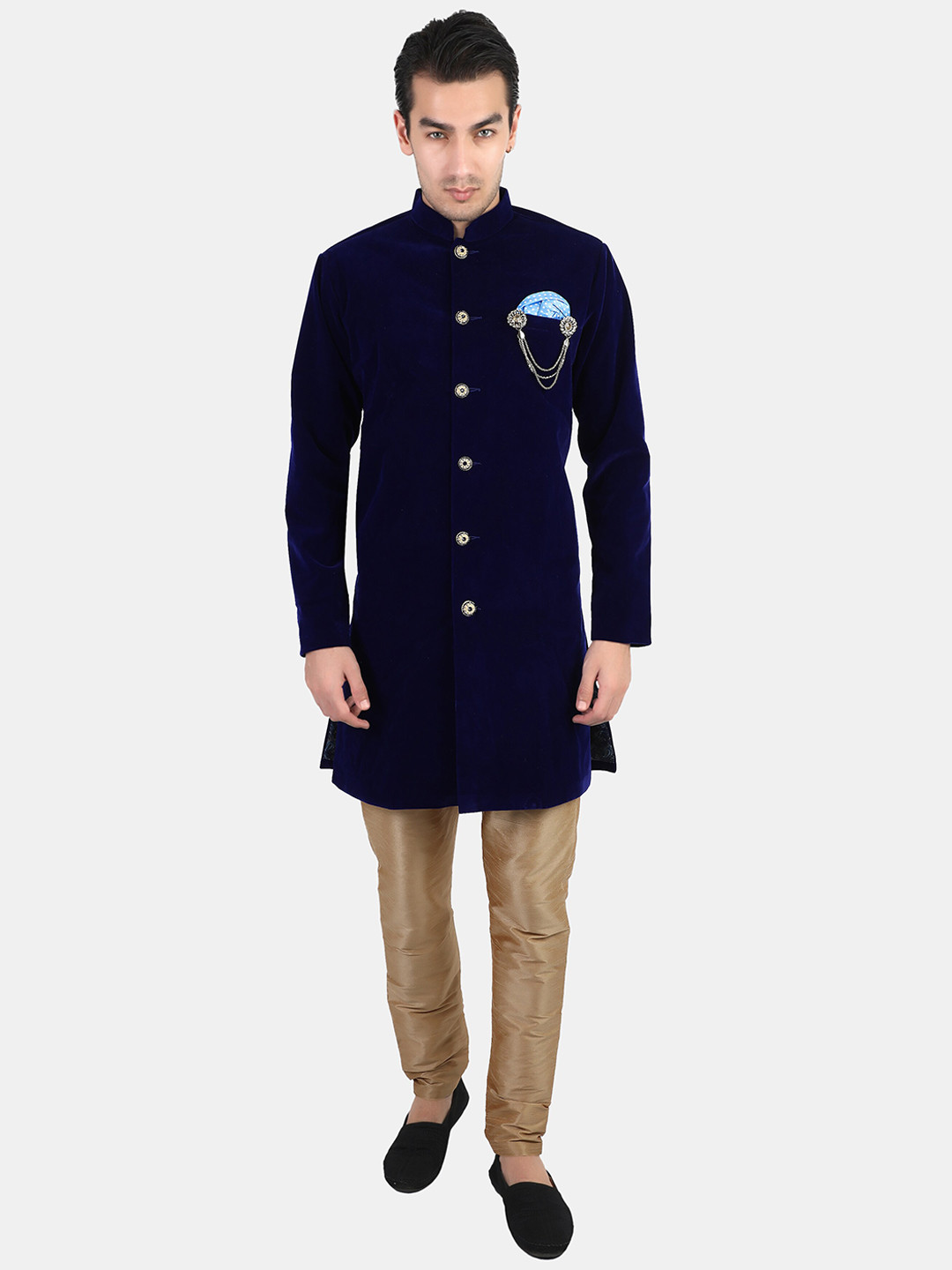 

Avaeta Mandarin Collar Nawabi With Paijama Set, Blue