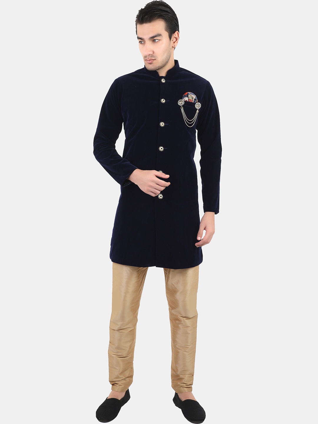 

Avaeta Mandarin Collar Nawabi With Paijama Set, Navy blue