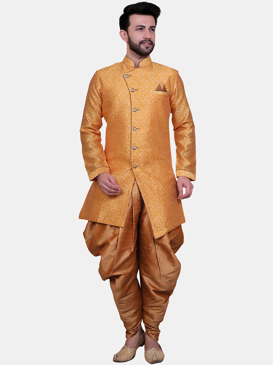 

Avaeta Floral Printed Chanderi Cotton Jacquard Sherwani With Dhoti Pant, Orange