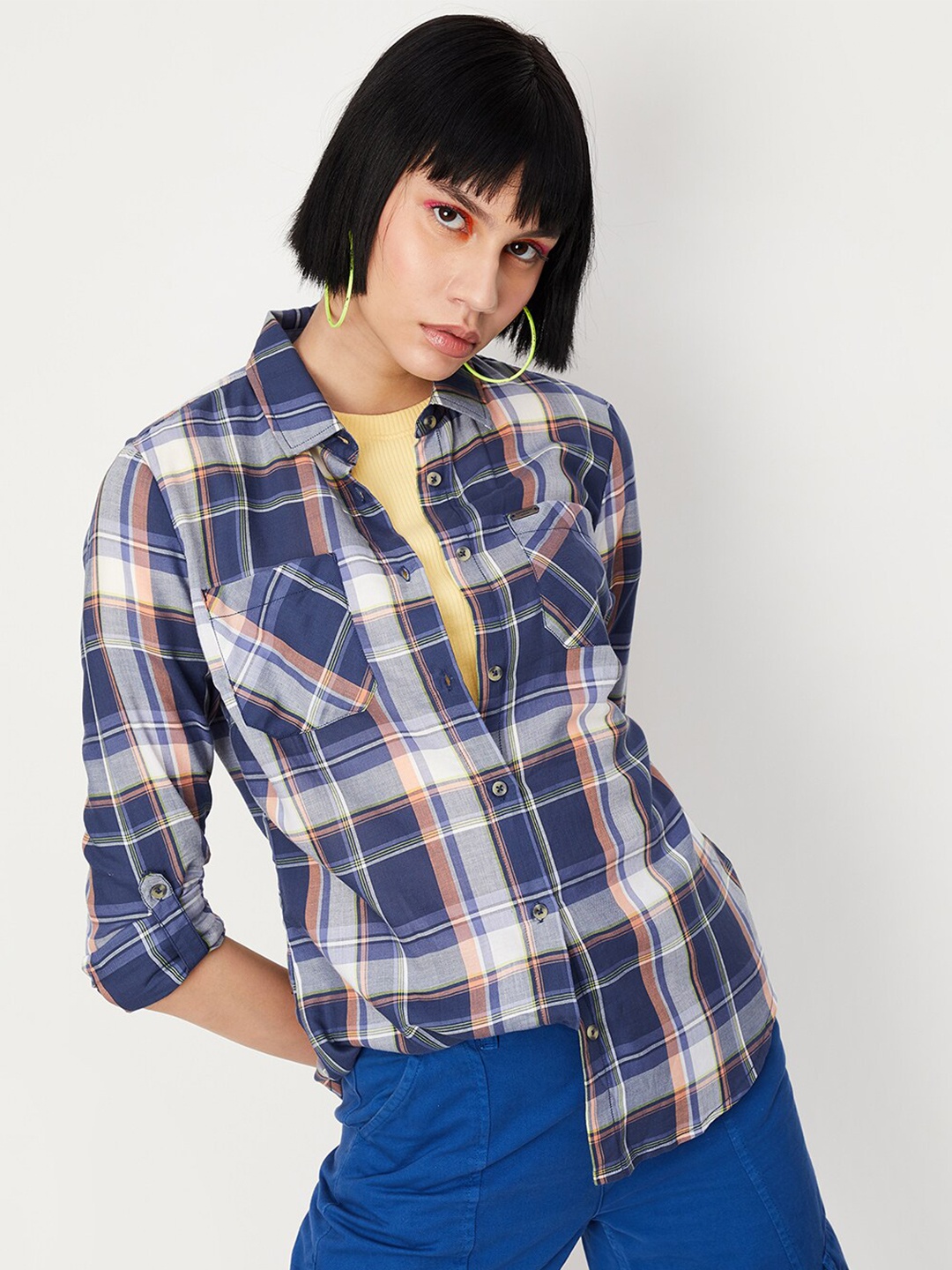 

max Tartan Checked Roll-Up Sleeves Pure Cotton Casual Shirt, Blue