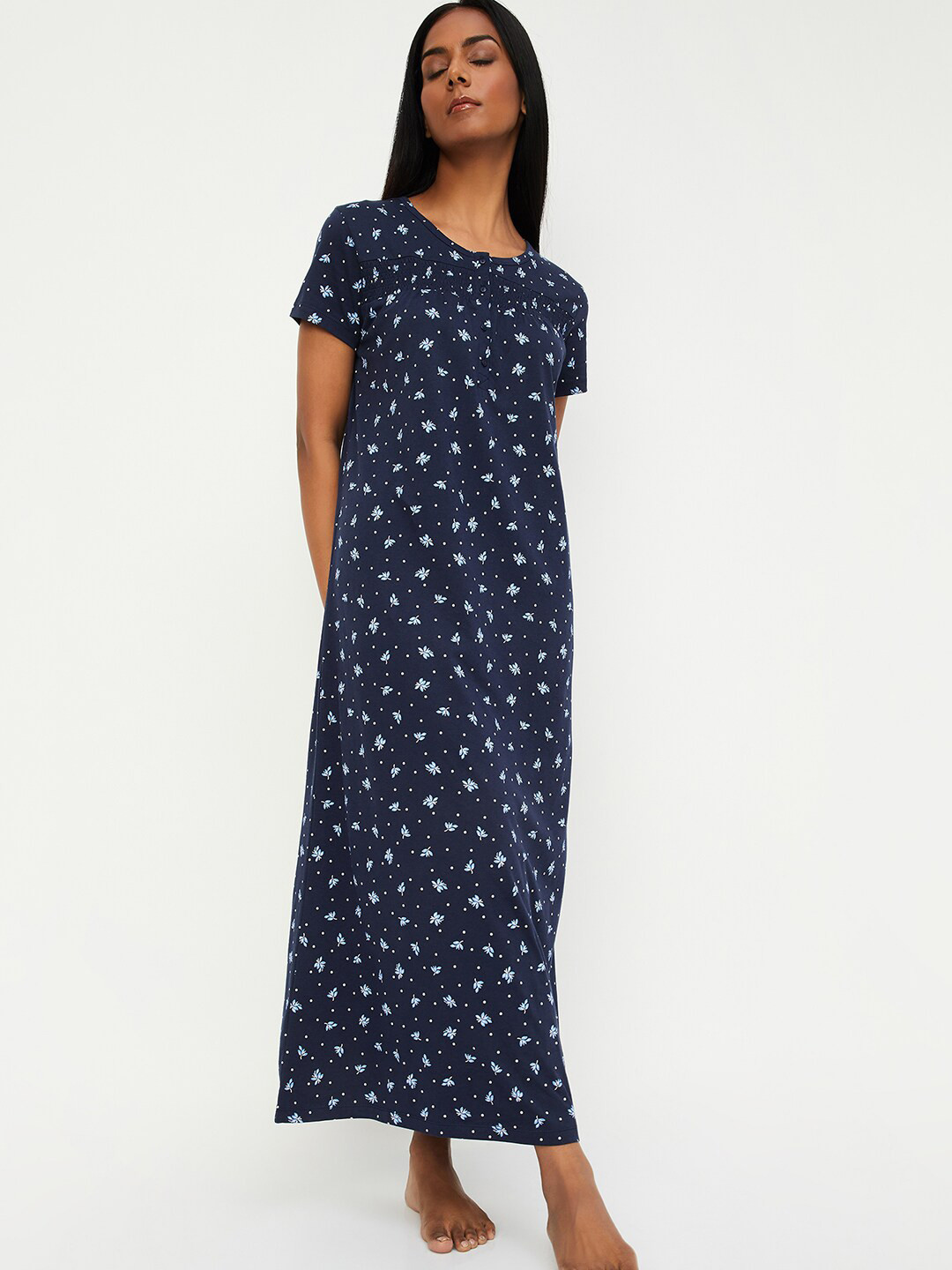 

max Floral Printed Pure Cotton Maxi Nightdress, Navy blue