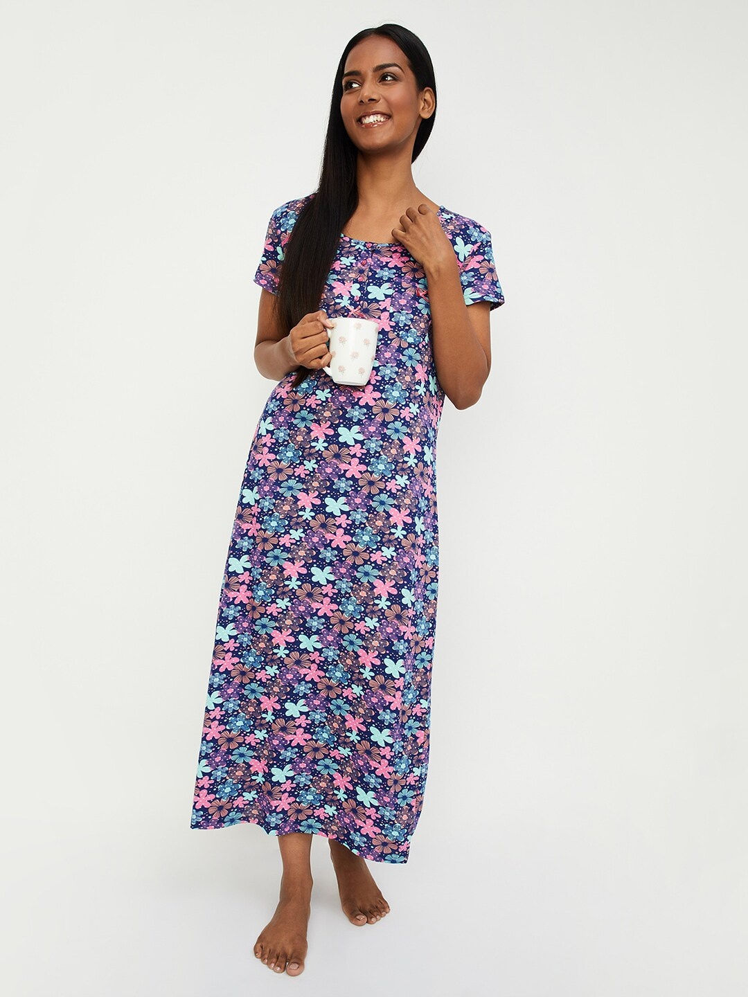 

max Floral Printed Pure Cotton Maxi Nightdress, Blue