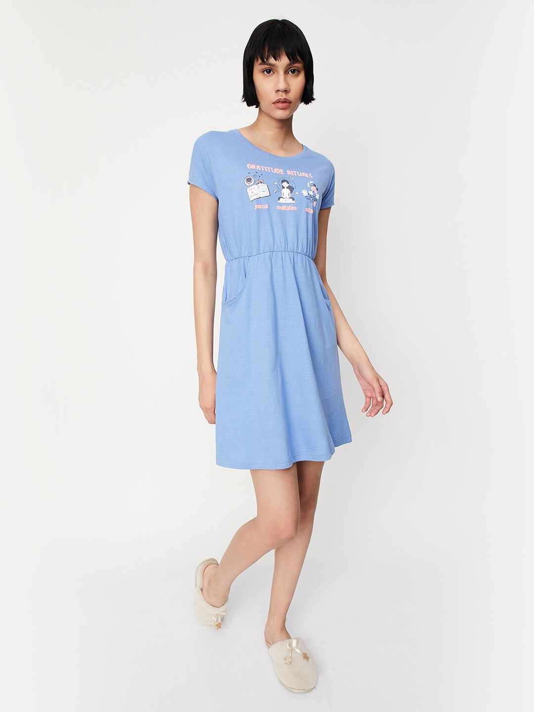 

max Graphic Printed Pure Cotton T-shirt Nightdress, Blue