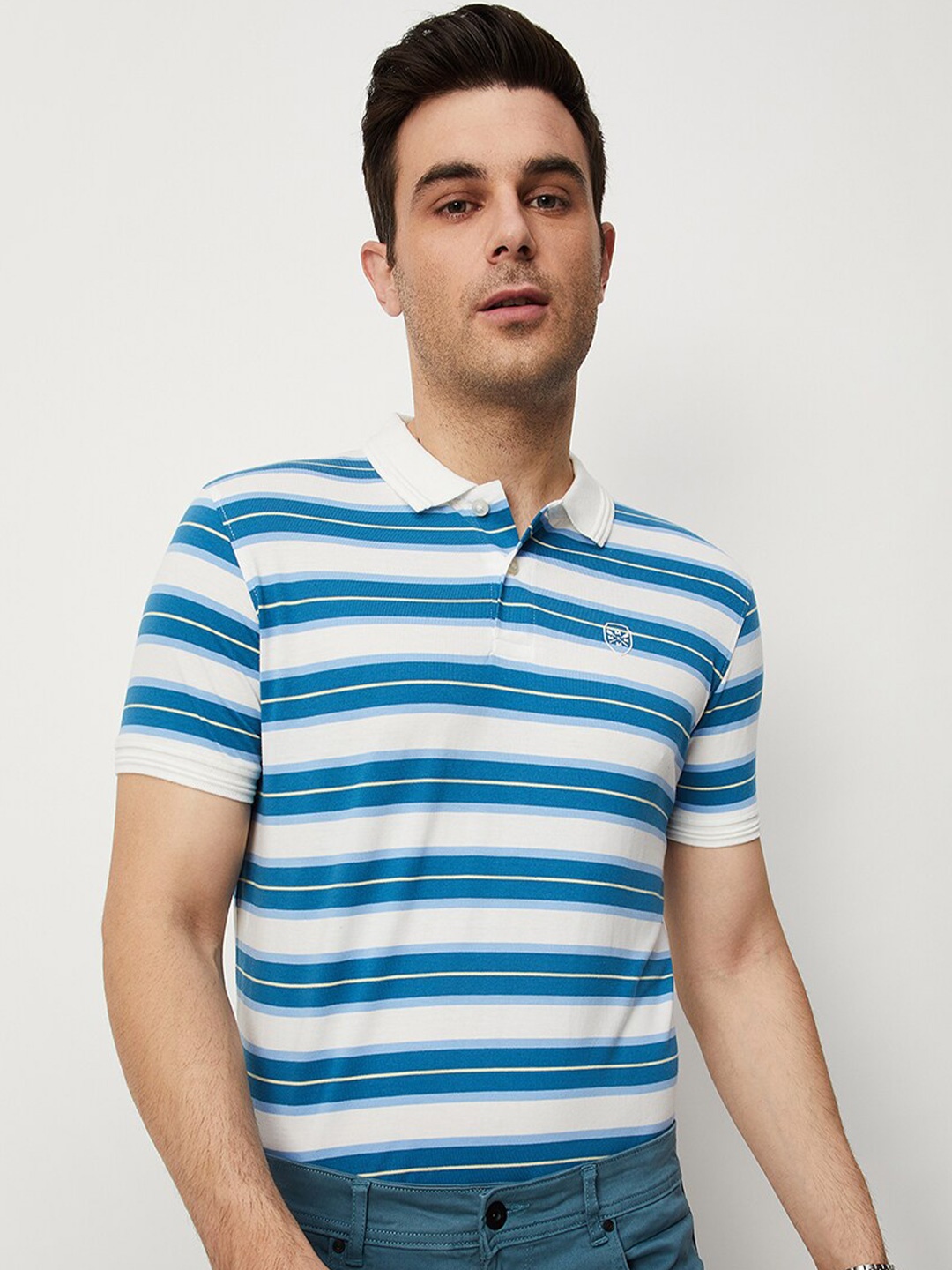 

max Vertical Striped Polo Collar Cotton T-Shirt, Blue