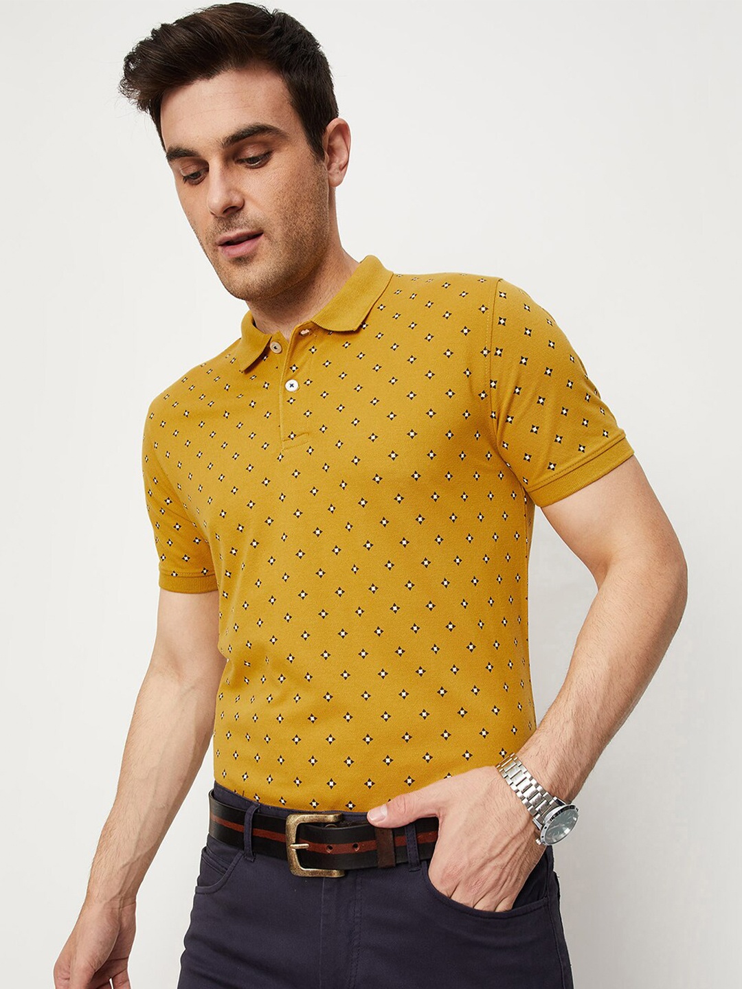 

max Conversational Printed Polo Collar Cotton T-Shirt, Yellow