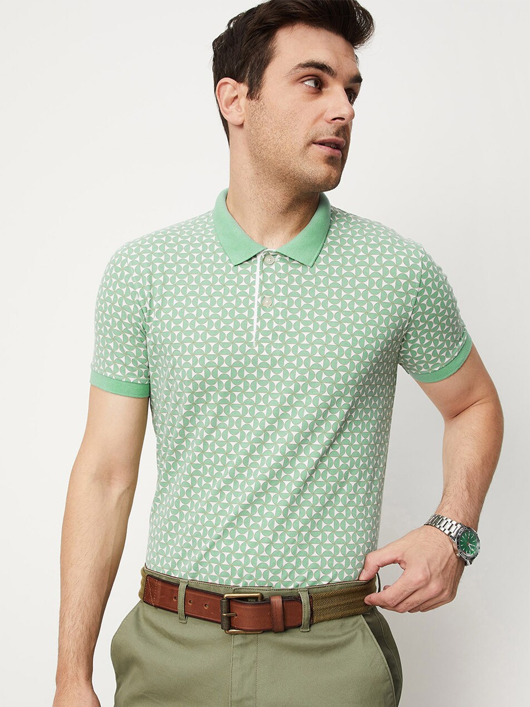 

max Geometric Printed Polo Collar Cotton T-Shirt, Green