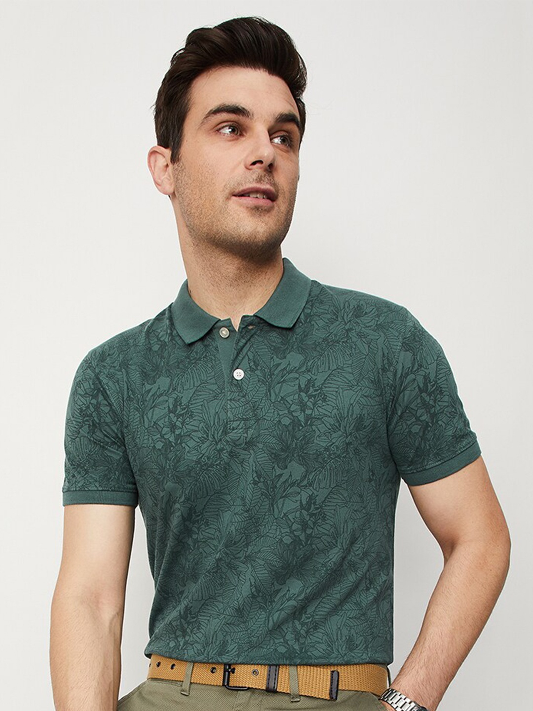 

max Floral Printed Polo Collar Cotton T-Shirt, Green
