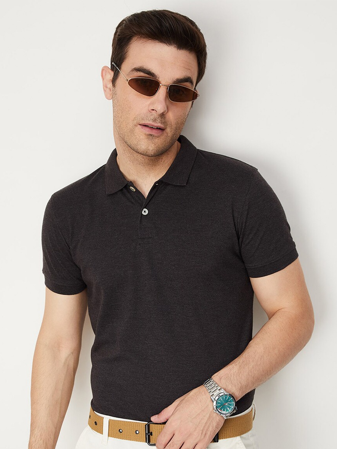 

max Polo Collar Cotton T-Shirt, Black