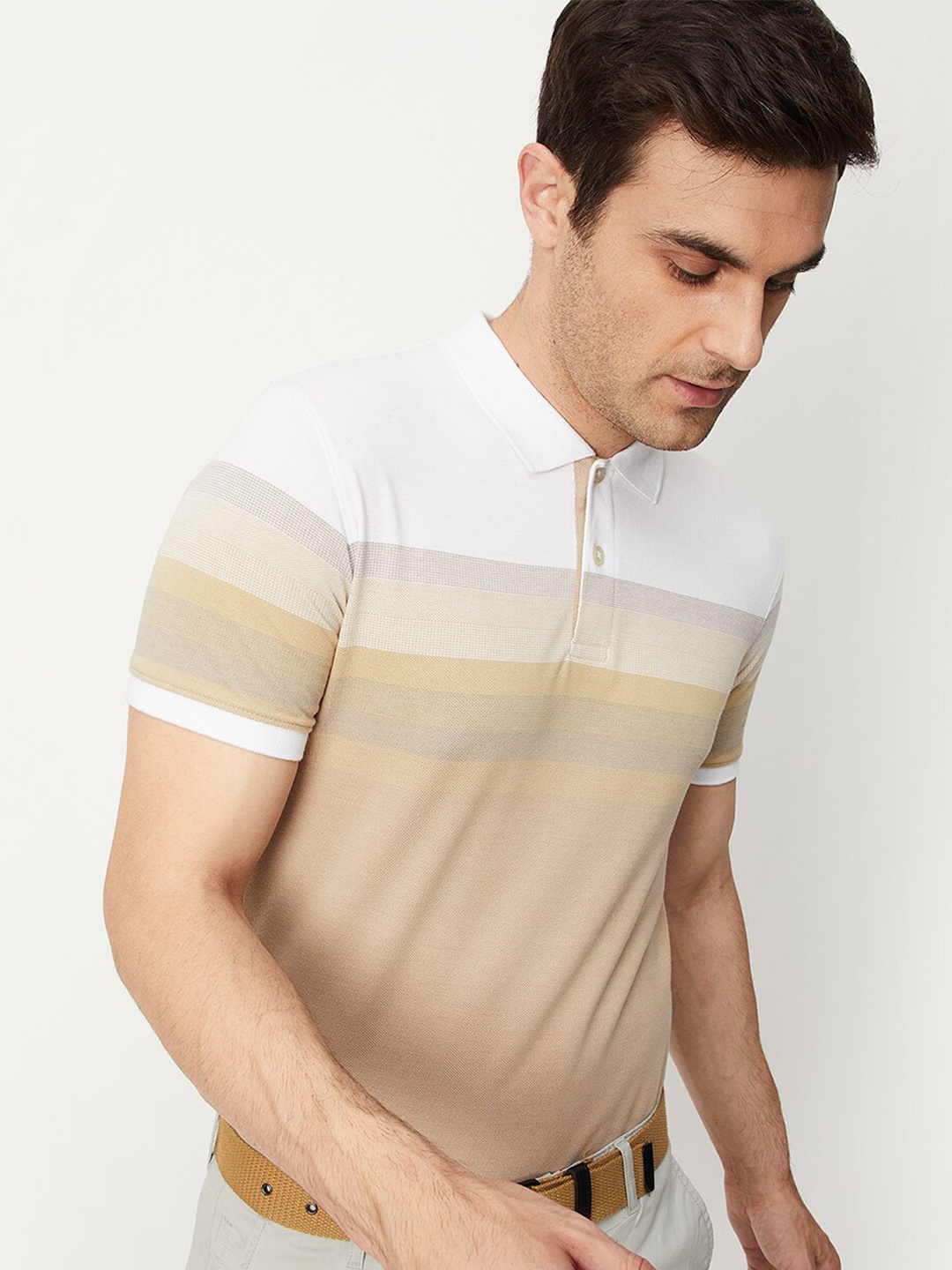 

max Horizontal Striped Polo Collar Cotton T-Shirt, Beige