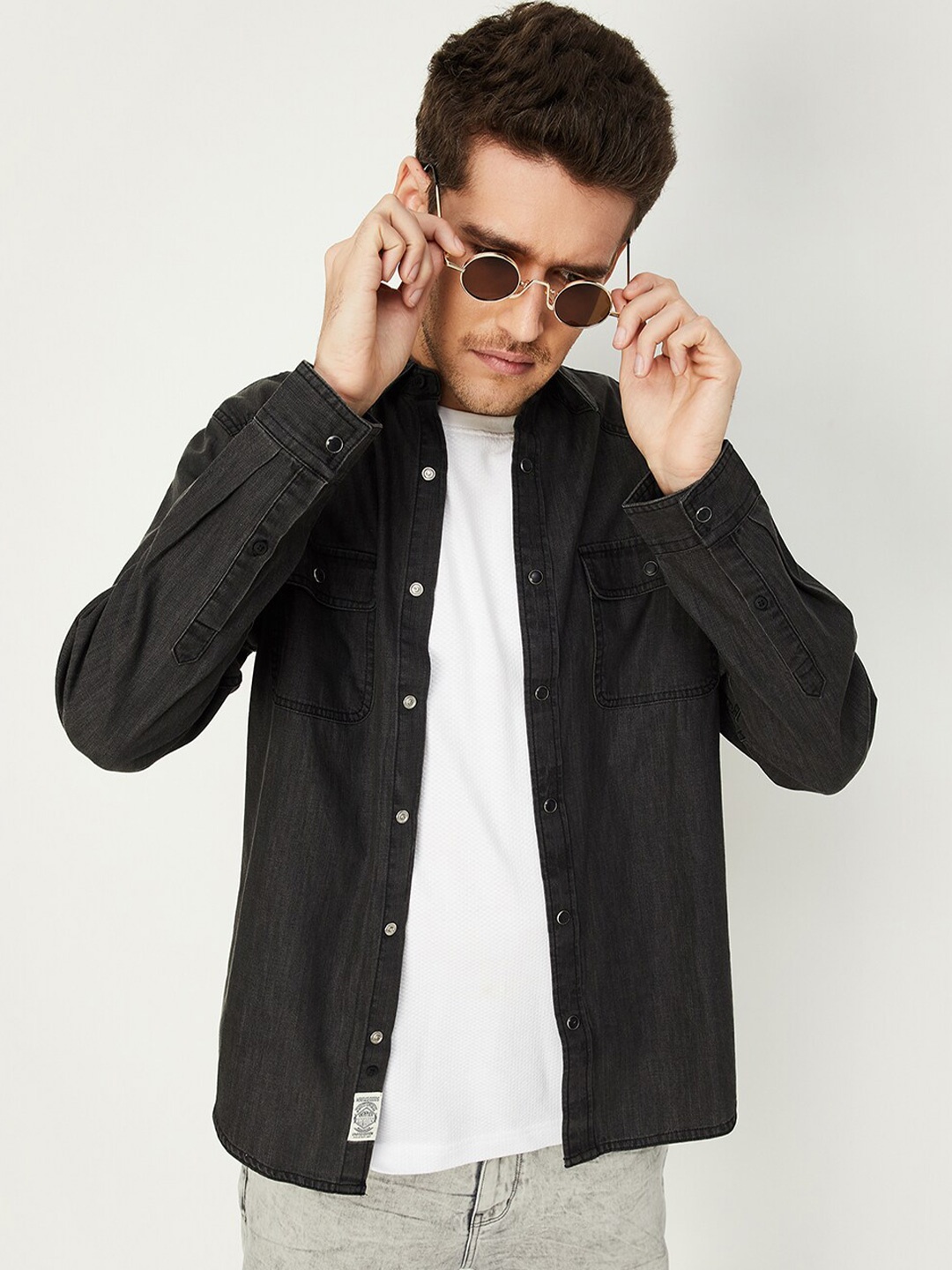 

max Spread Collar Pure Cotton Denim Shirt, Black