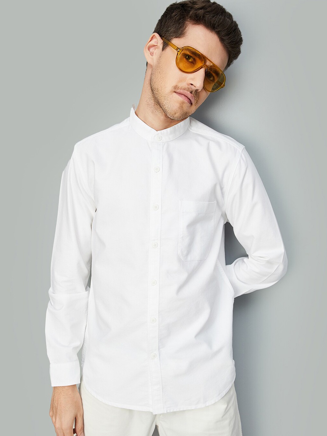 

max Mandarin Collar Pure Cotton Casual Shirt, White