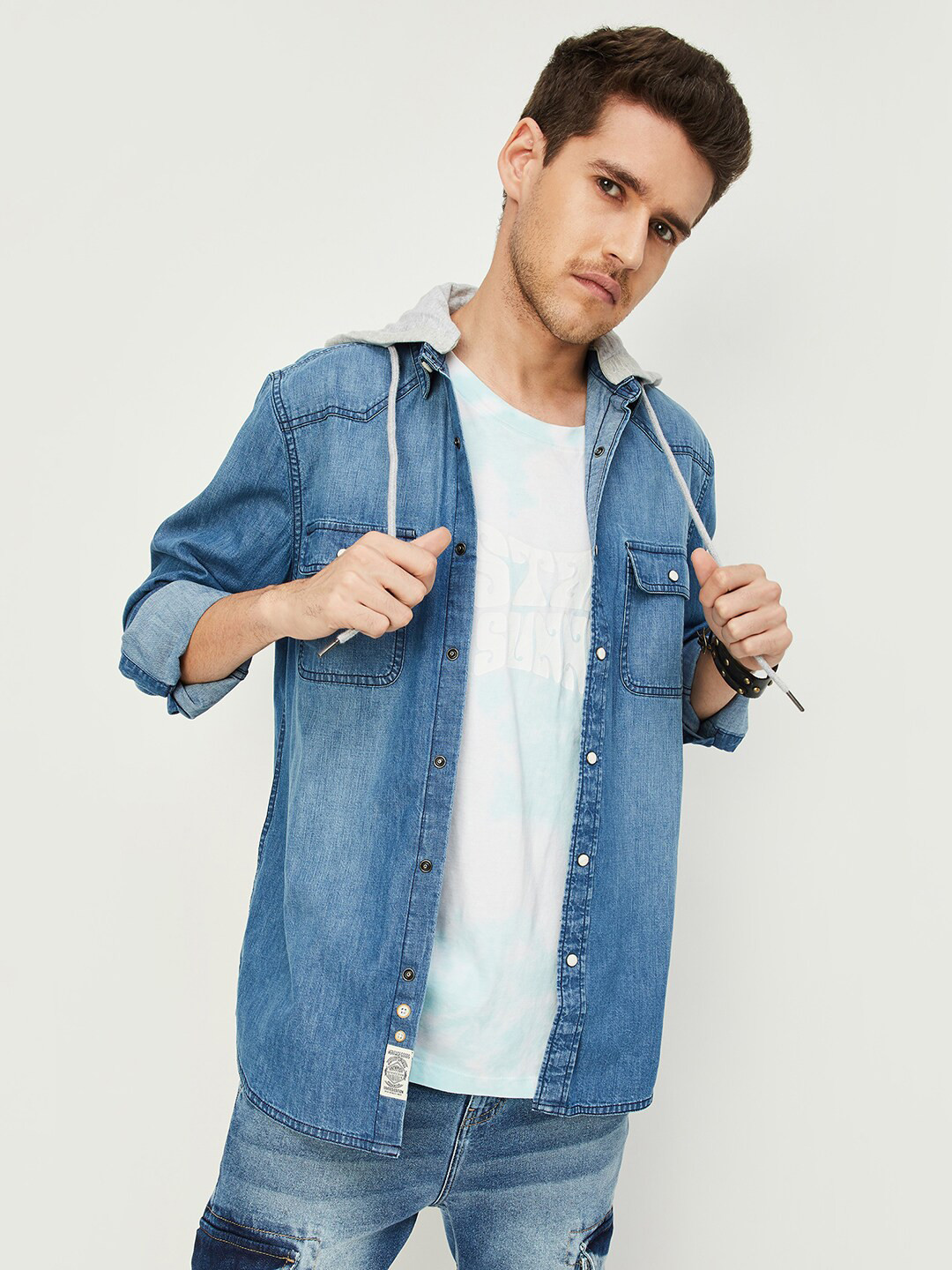 

max Hooded Neck Pure Cotton Denim Shirt, Blue