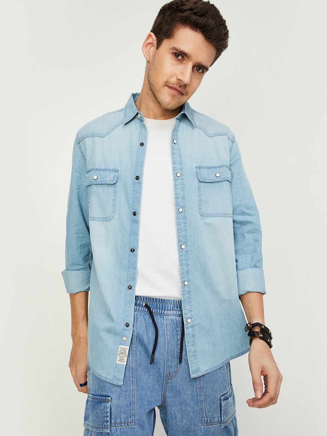 

max Spread Collar Pure Cotton Denim Shirt, Blue