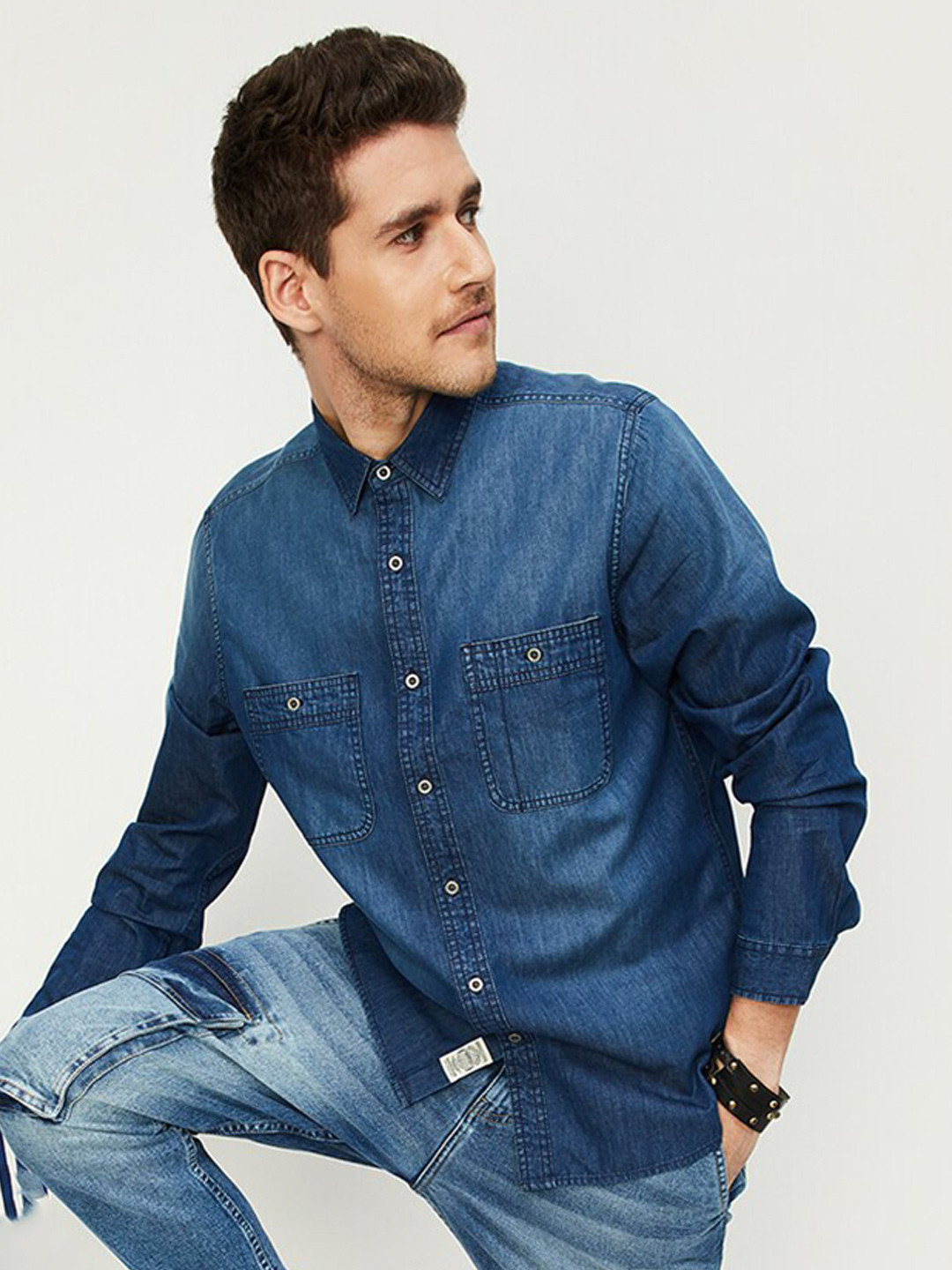 

max Spread Collar Pure Cotton Denim Shirt, Blue