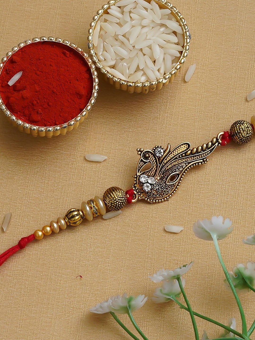 

Fashion Bizz Stone Studded & Beaded Thread Rakhi, Gold