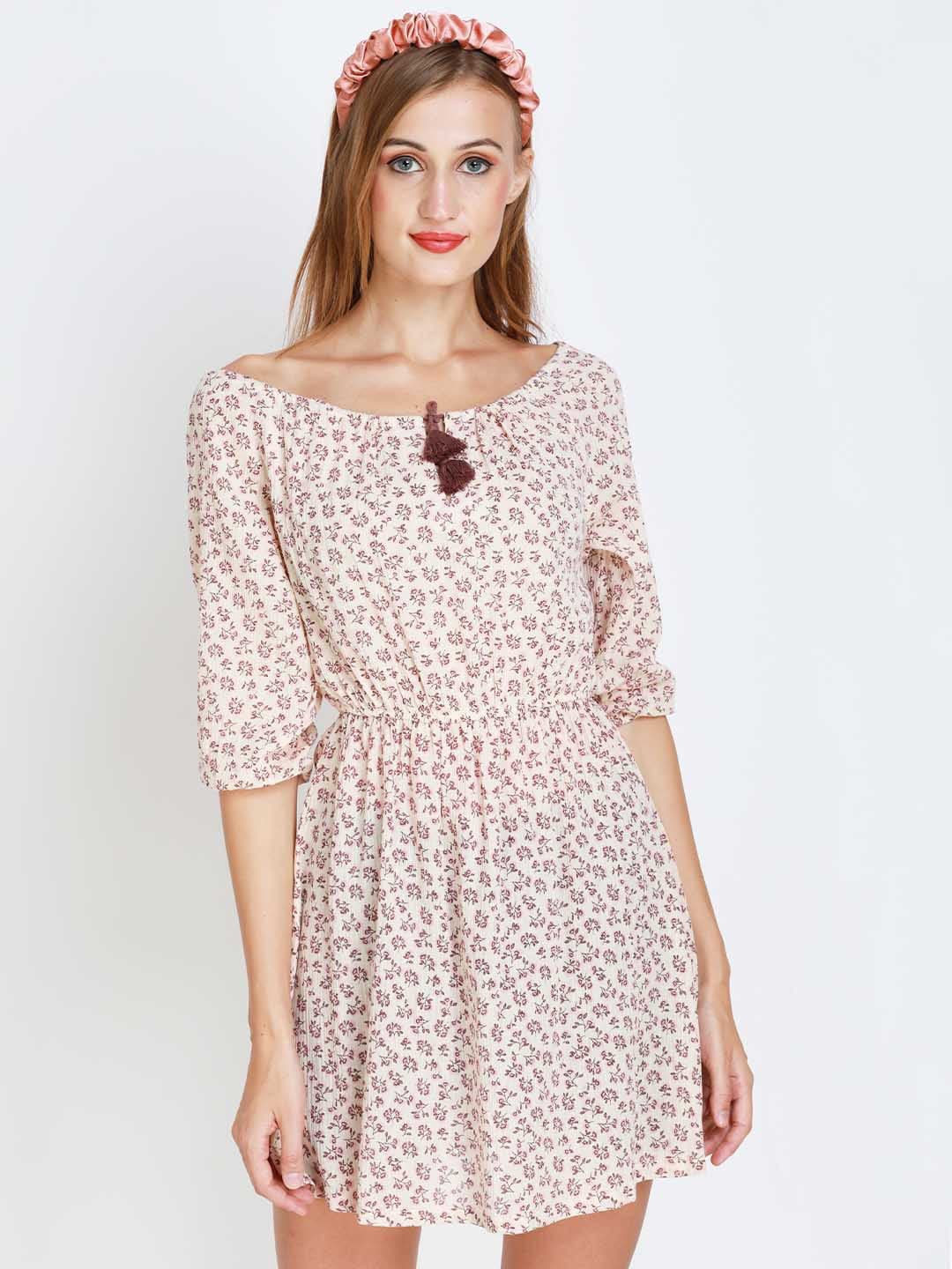 

BAESD Floral Printed Boat Neck Pure Cotton Fit & Flare Dress, Beige