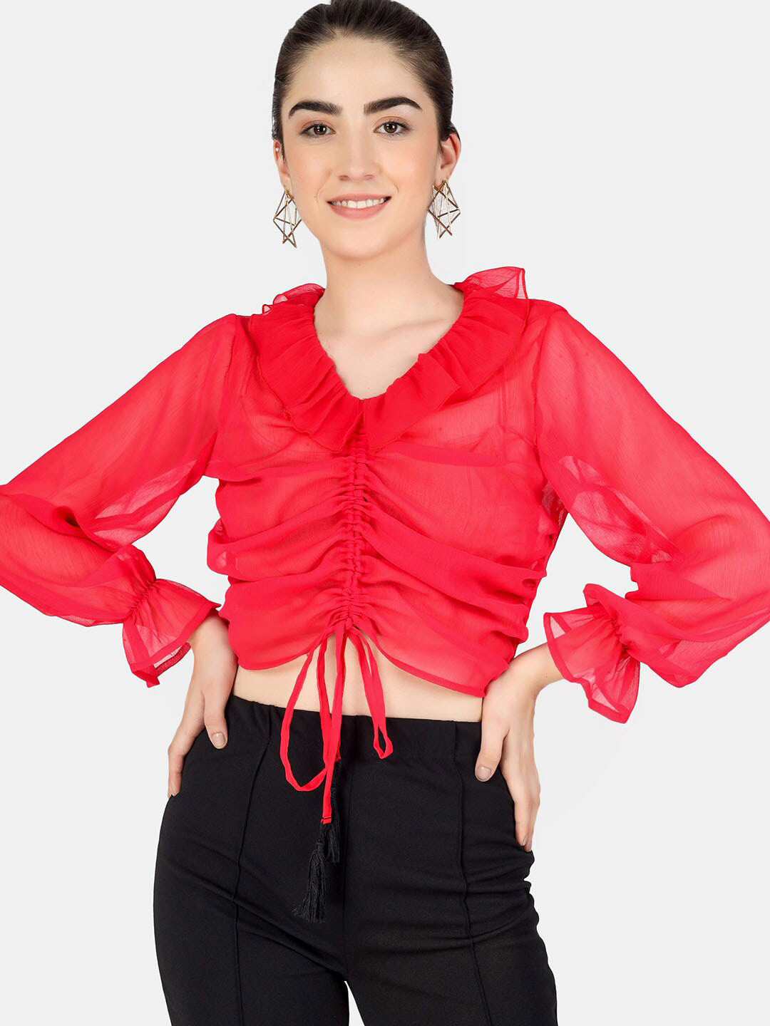 

BAESD V-Neck Ruffles Ruched Detail Chiffon Crop Top, Fuchsia