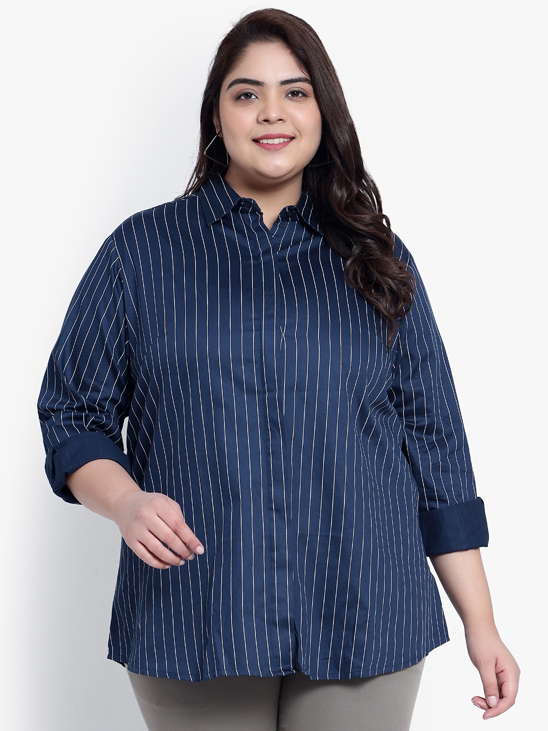 

Indietoga Plus Size Striped Slim Fit Pure Cotton Formal Shirt, Blue