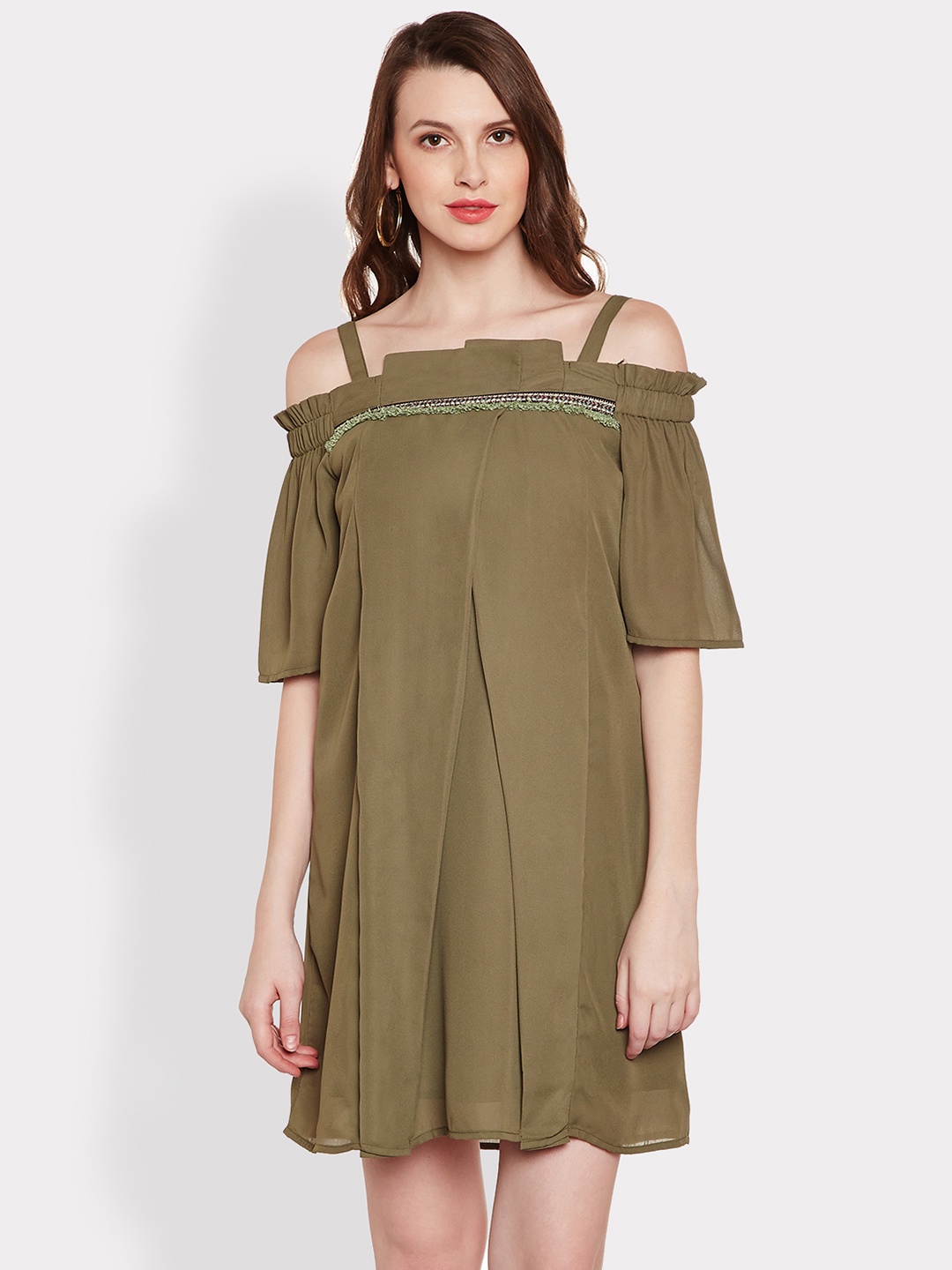 

MAGRE Women Olive Green Solid A-Line Cold Shoulder Dress