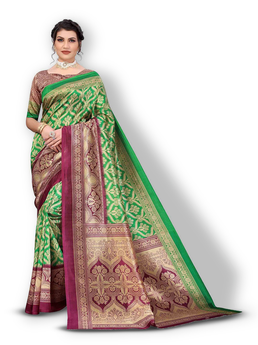 

MAGMINA Floral Woven Design Zari Banarasi Saree, Green