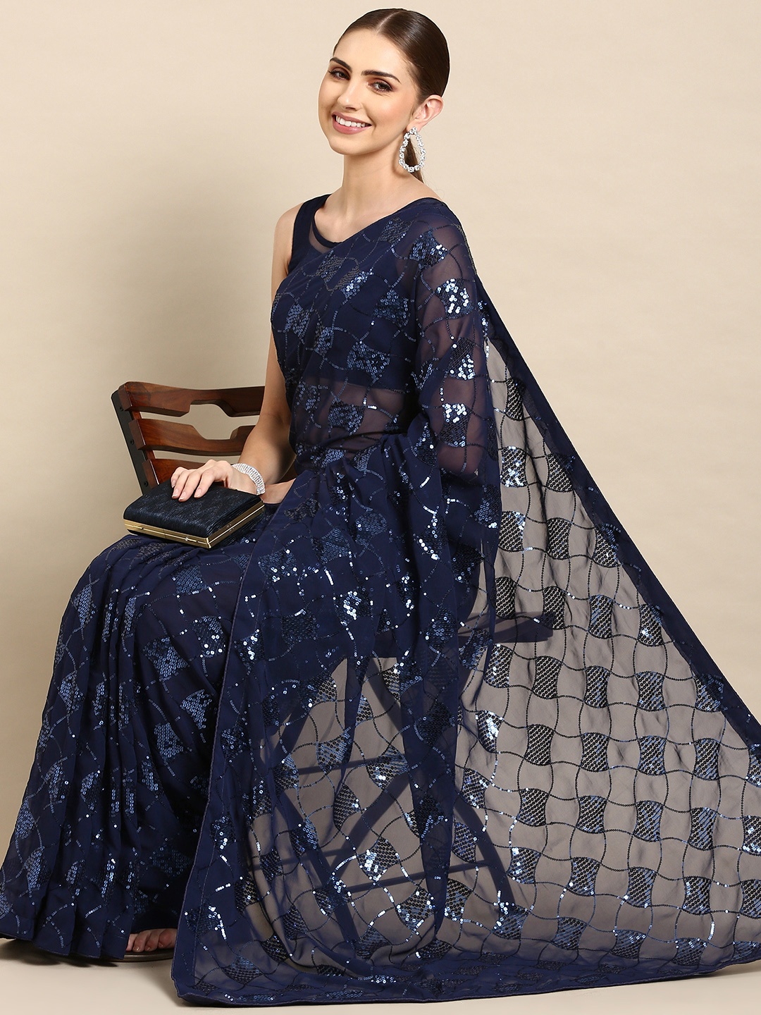 

Mitera Abstract Sequinned Saree, Navy blue