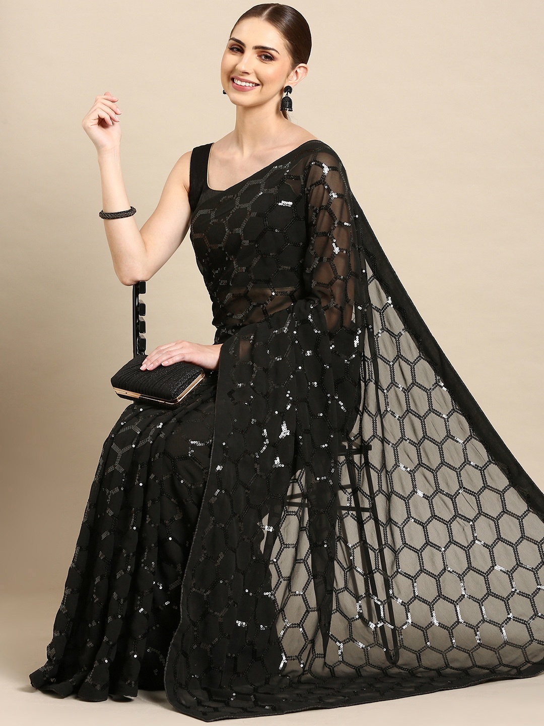 

Mitera Geometric Sequinned Saree, Black