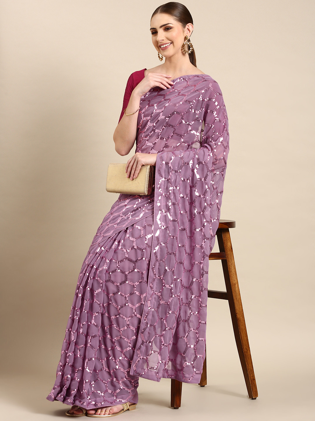 

Mitera Geometric Sequinned Saree, Lavender