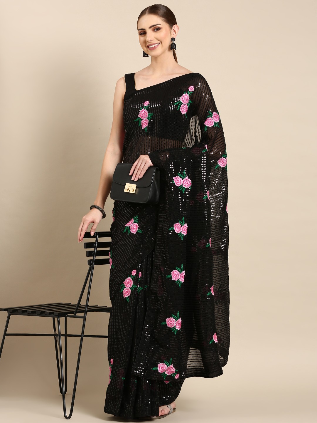 

Mitera Floral Sequinned Saree, Black