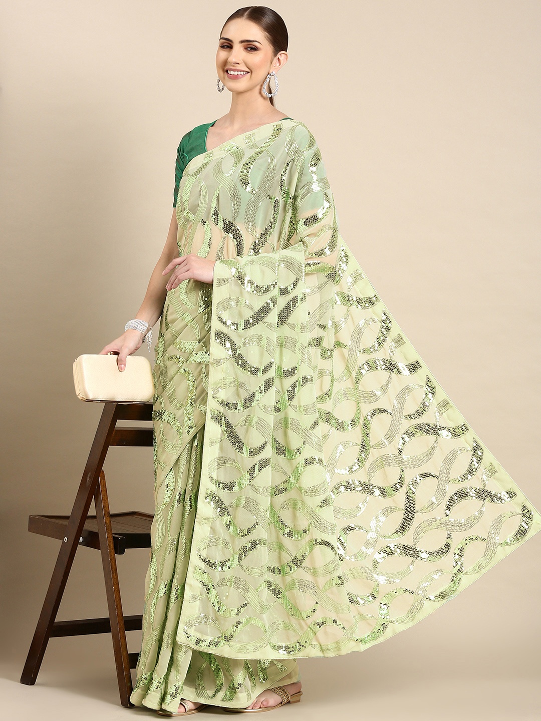 

Mitera Abstract Sequinned Saree, Green