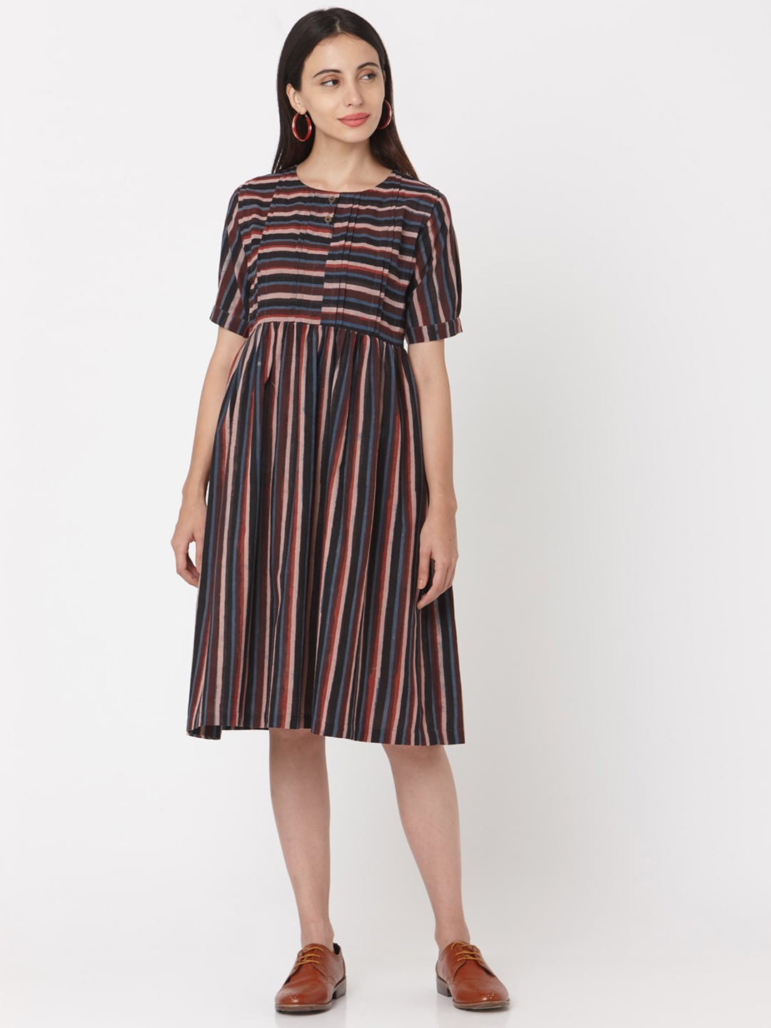 

KALINI Multicoloured Striped Round Neck Cotton Fit & Flare Dress, Black