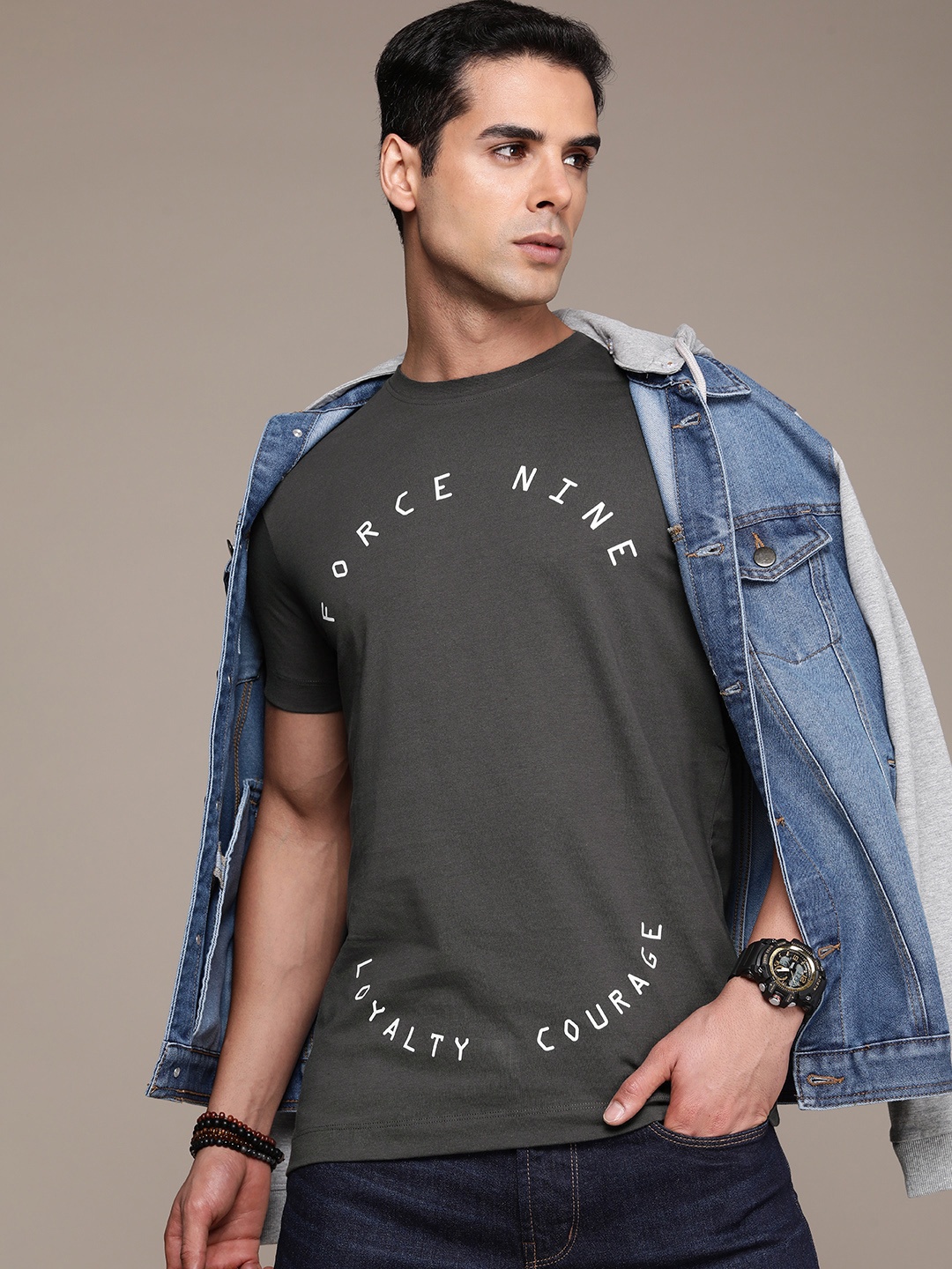 

FORCE IX Men Pure Cotton Typography Printed T-shirt, Grey
