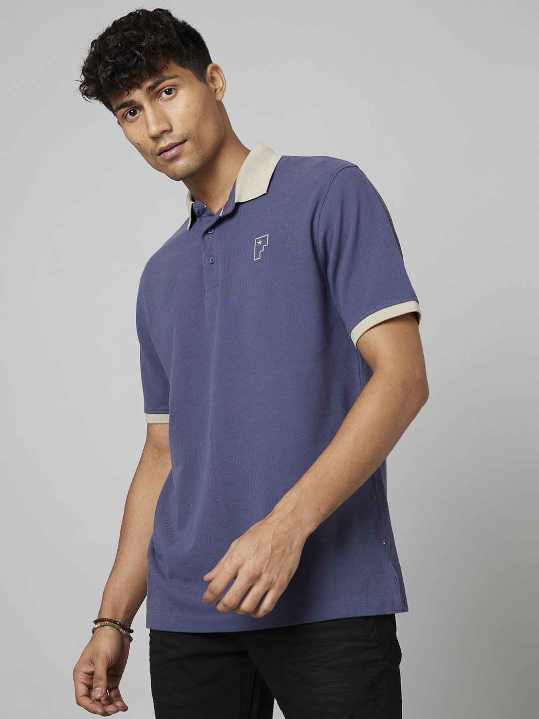 

FORCE IX Brand Logo Embroidered Polo Collar Pure Cotton T-shirt, Blue