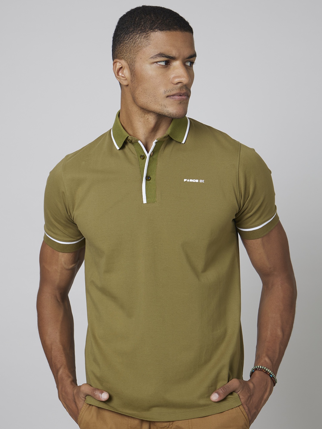 

FORCE IX Solid Polo Collar Applique T-shirt, Olive