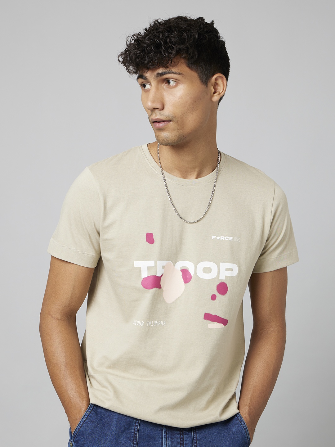 

FORCE IX Graphic Typography Printed Pure Cotton T-shirt, Beige